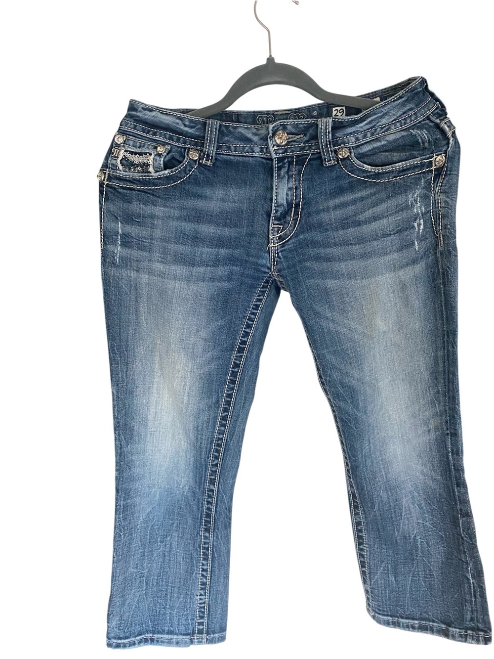 Miss Me Distressed Cropped Blue Denim Jeans With Bling Size 29